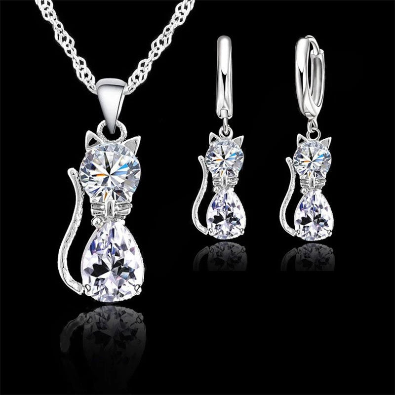 Set Bijoux Argent 925 Chat - Collier Boucles Cristaux Autrichiens Femme