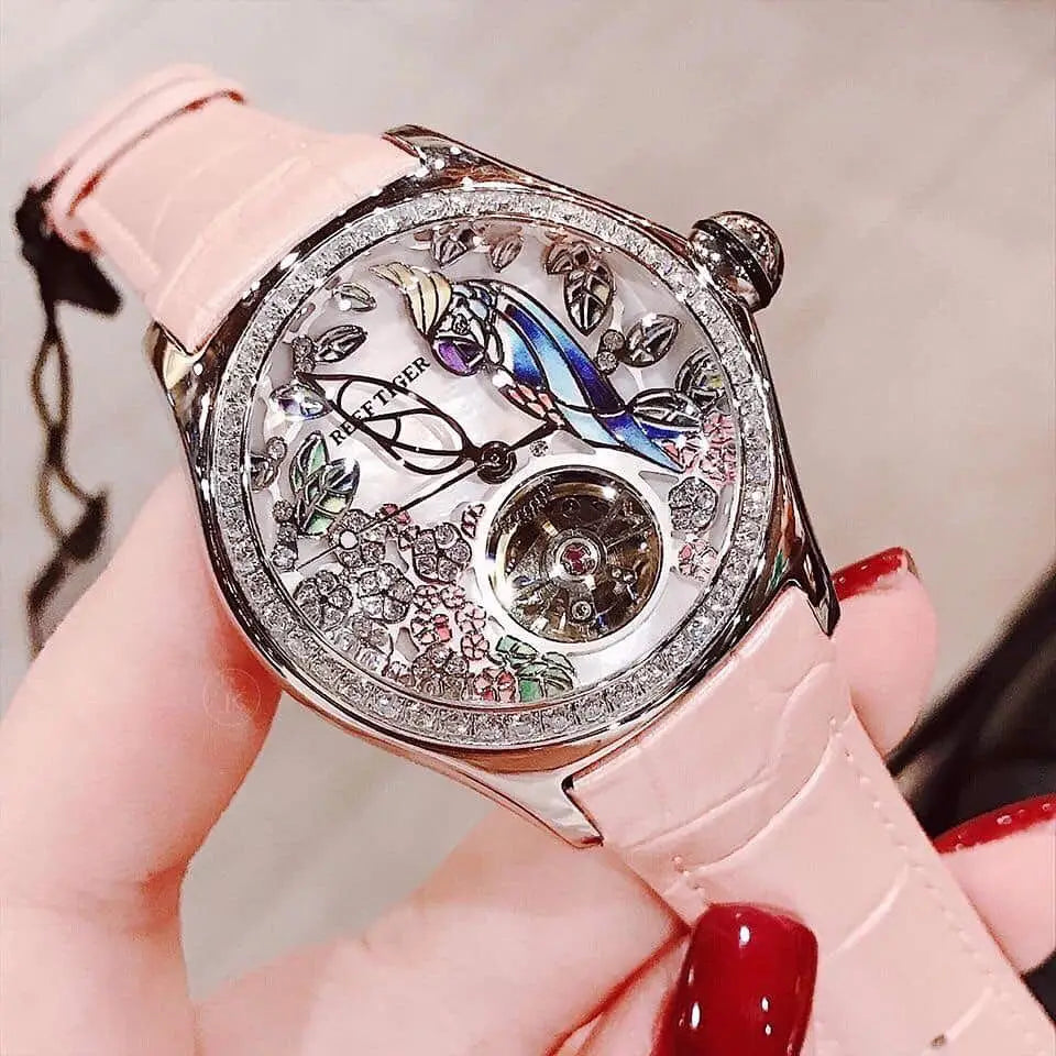 Montre Automatique Femme Reef Tiger RGA7105 - Tourbillon Diamants Cadran Rose Étanche Luxe
