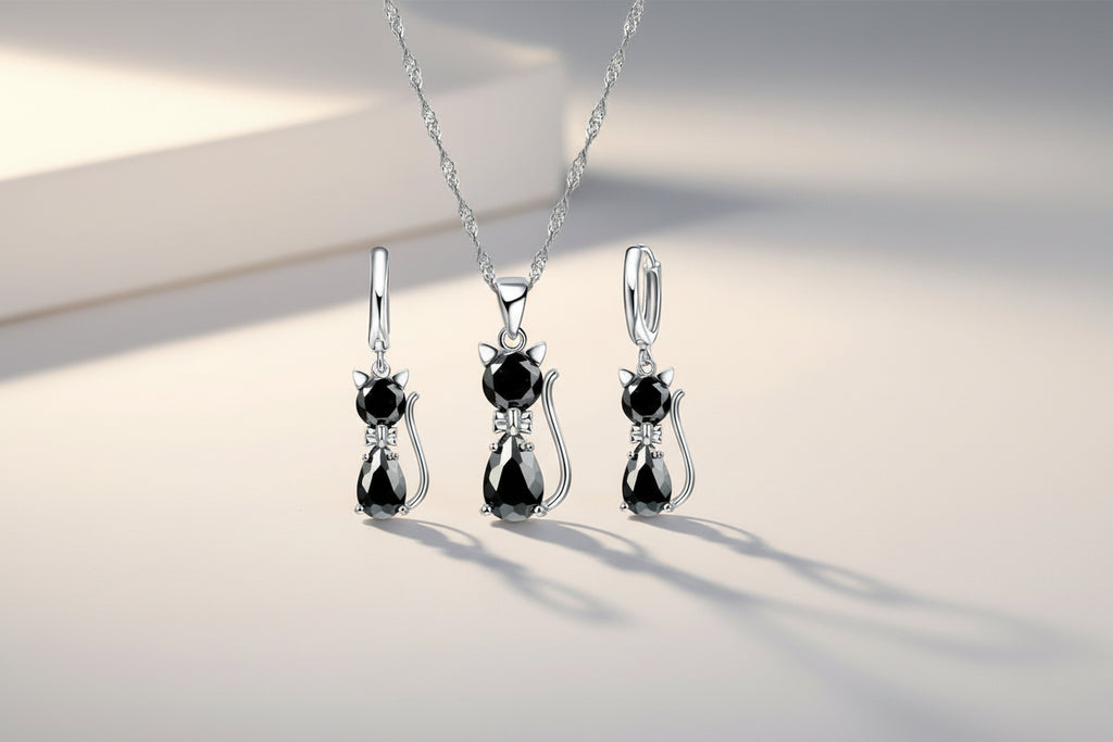 Set Bijoux Chat Argent 925 - Collier Pendentif & Boucles d'Oreilles Cristal Autrichien