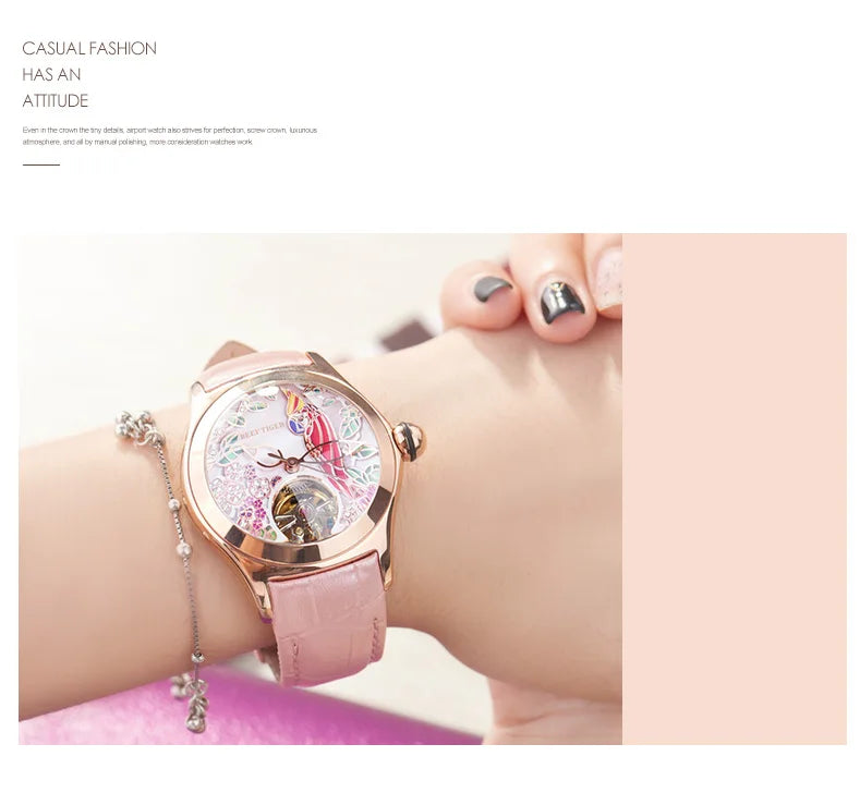 Montre Automatique Femme Reef Tiger RGA7105 - Tourbillon Diamants Cadran Rose Étanche Luxe