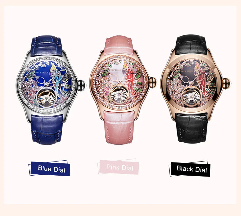Montre Automatique Femme Reef Tiger RGA7105 - Tourbillon Diamants Cadran Rose Étanche Luxe