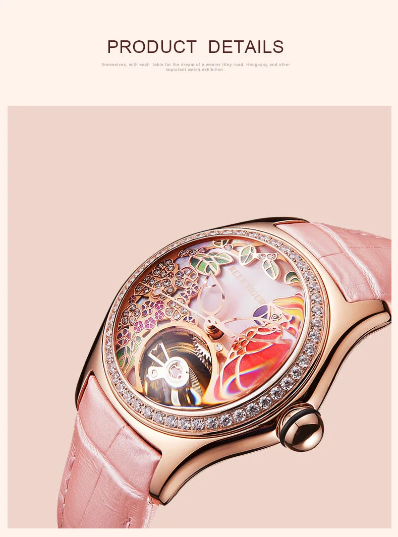 Montre Automatique Femme Reef Tiger RGA7105 - Tourbillon Diamants Cadran Rose Étanche Luxe