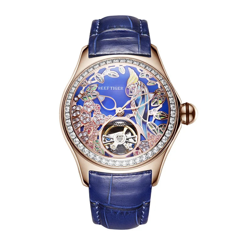 Montre Automatique Femme Reef Tiger RGA7105 - Tourbillon Diamants Cadran Rose Étanche Luxe