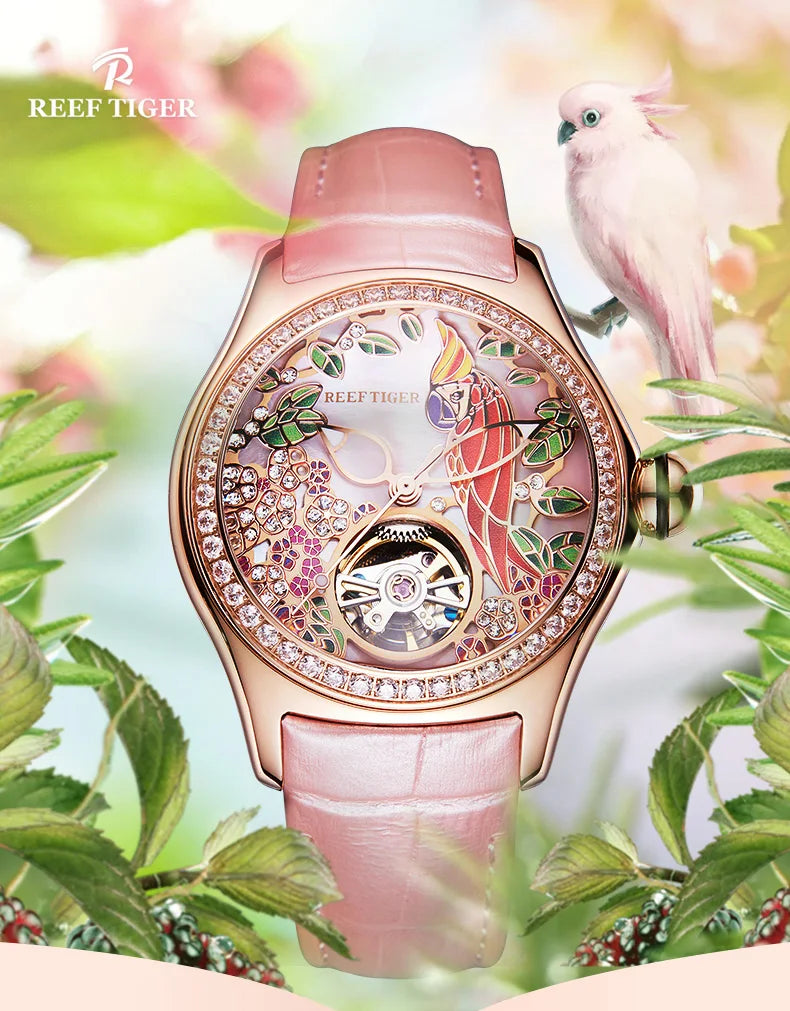 Montre Automatique Femme Reef Tiger RGA7105 - Tourbillon Diamants Cadran Rose Étanche Luxe