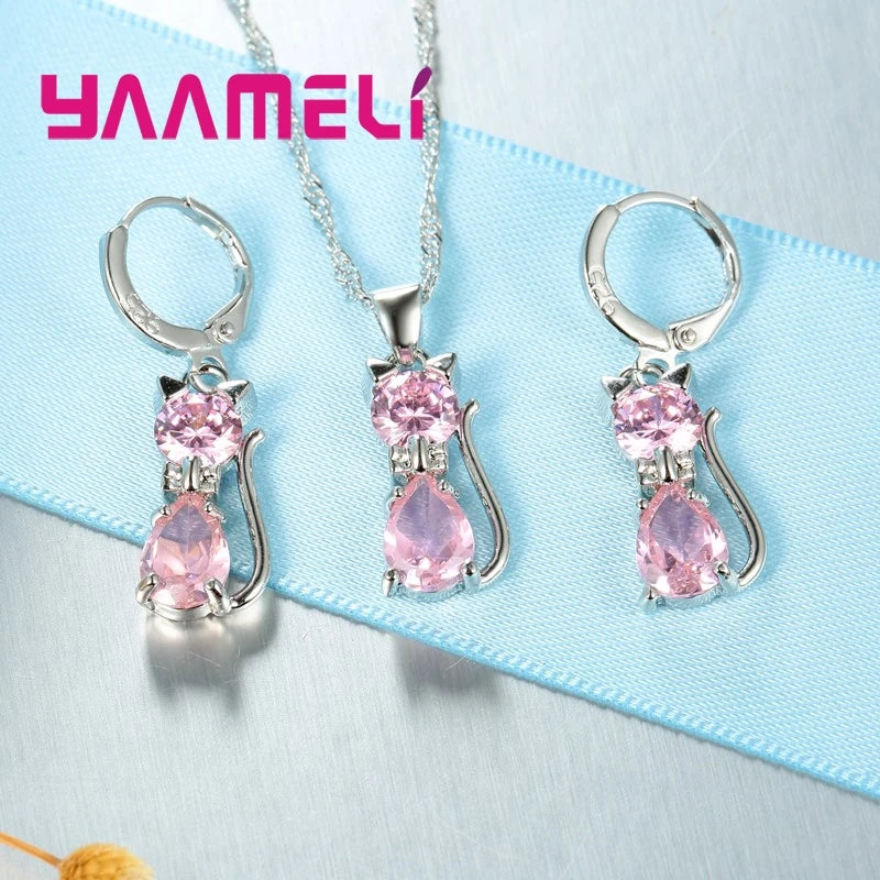 Set Bijoux Argent 925 Chat - Collier Boucles Cristaux Autrichiens Femme