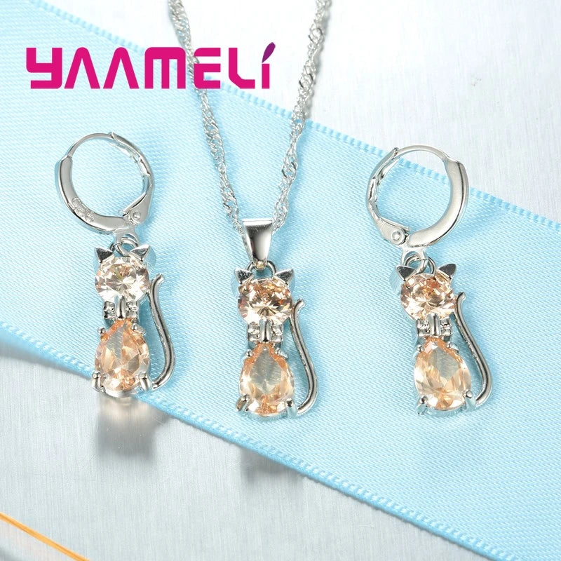 Set Bijoux Argent 925 Chat - Collier Boucles Cristaux Autrichiens Femme