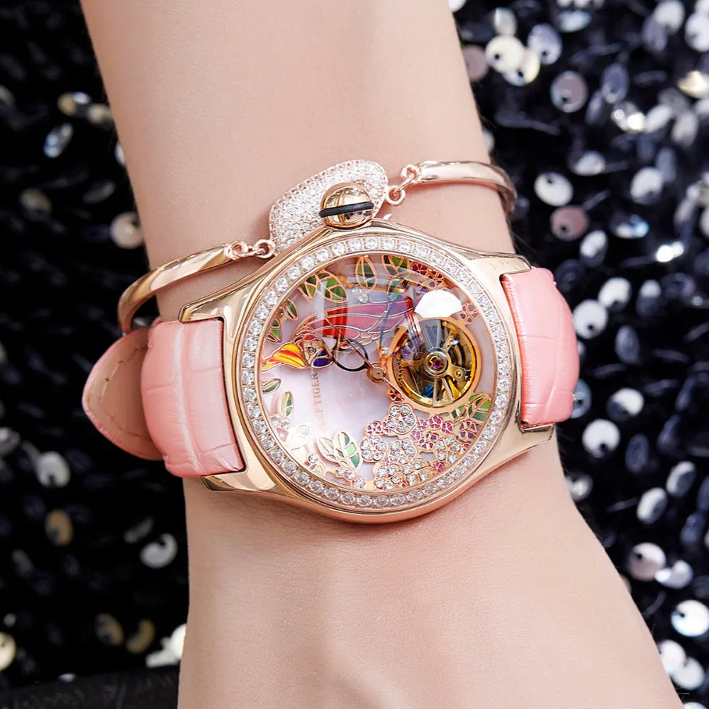Montre Automatique Femme Reef Tiger RGA7105 - Tourbillon Diamants Cadran Rose Étanche Luxe