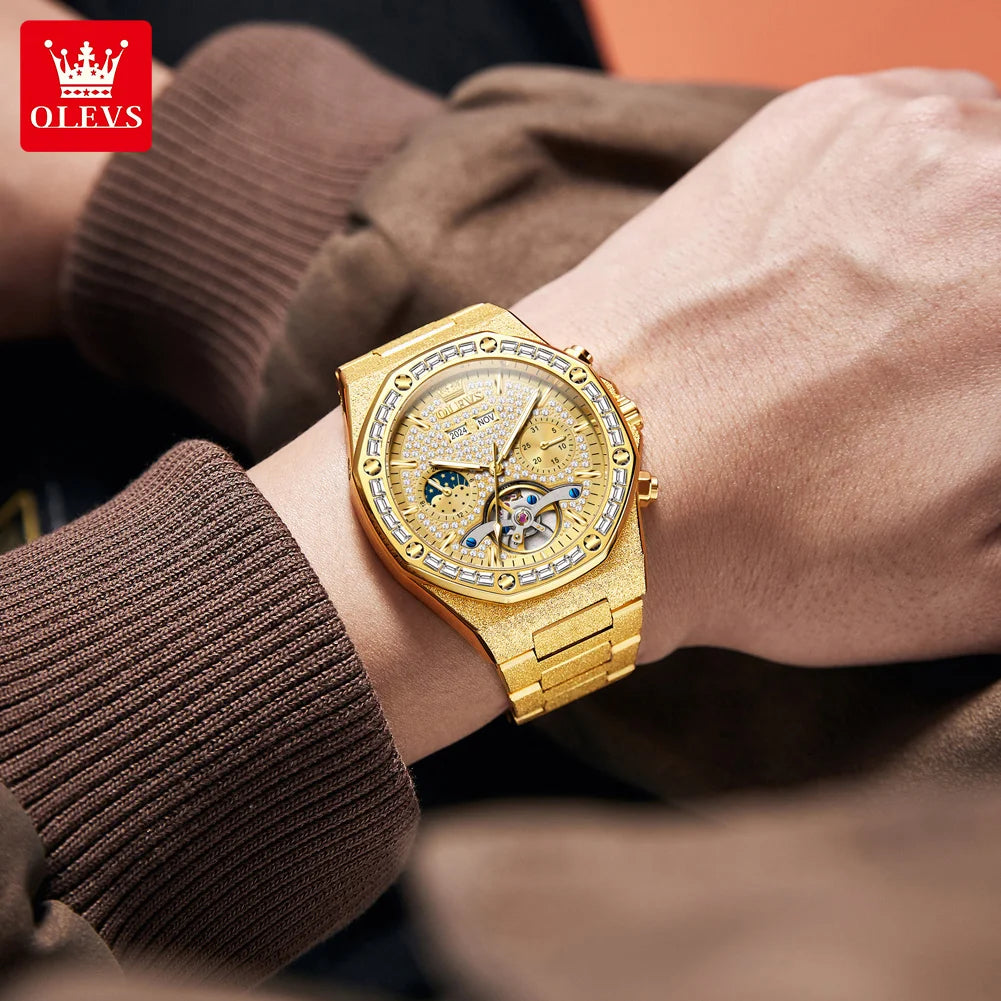 Montre Mécanique Homme OLEVS 9805 - Phase de Lune Diamant Squelette Étanche Luxe
