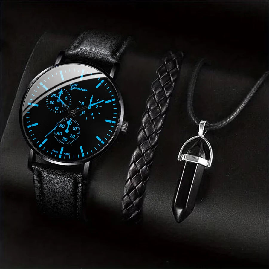 Set 3 Bijoux Homme Business - Montre Cuir Collier Bracelet Élégant Cadeau
