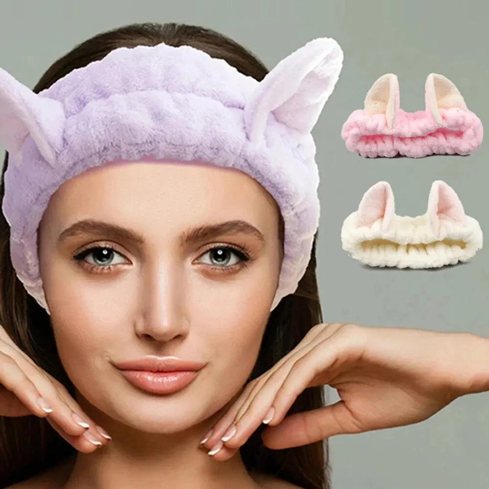 Bandeau Cheveux Chat Peluche - Maquillage Soin Visage Nœud Mignon