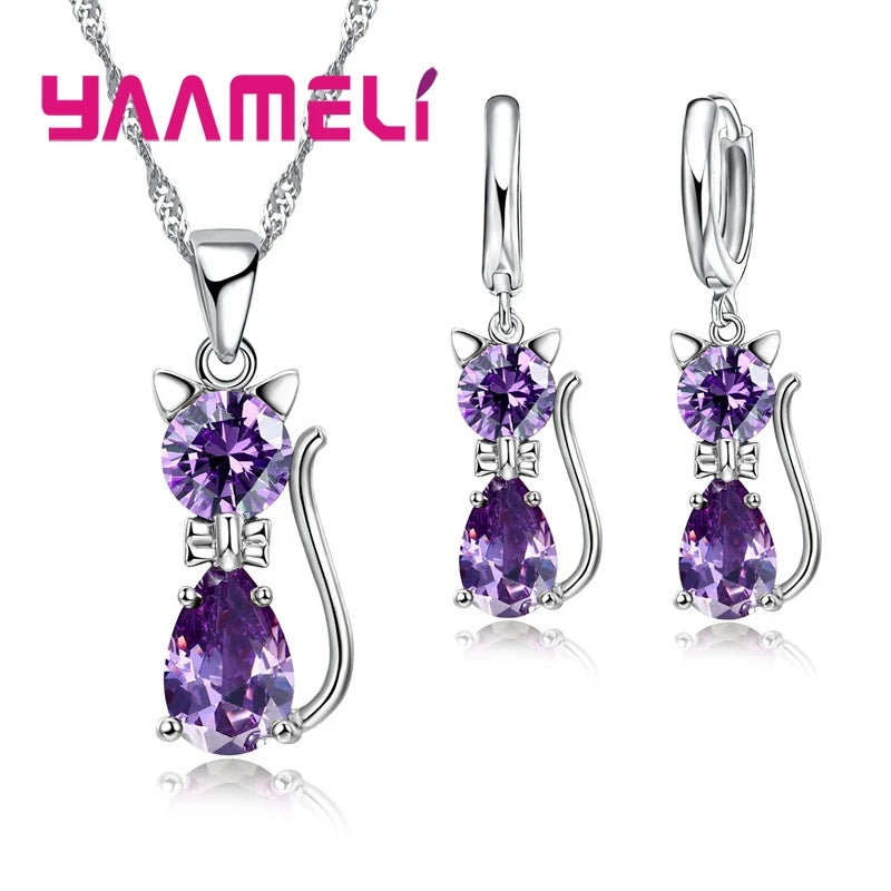 Set Bijoux Argent 925 Chat - Collier Boucles Cristaux Autrichiens Femme