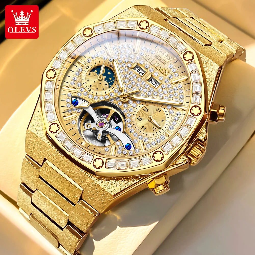 Montre Mécanique Homme OLEVS 9805 - Phase de Lune Diamant Squelette Étanche Luxe
