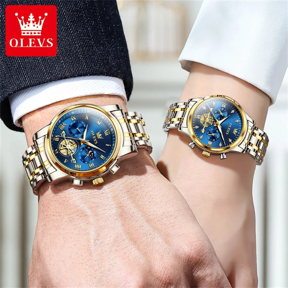 Coffret Montres Couple OLEVS Phase de Lune - Set Duo Luxe Étanche Lumineux Acier Inoxydable
