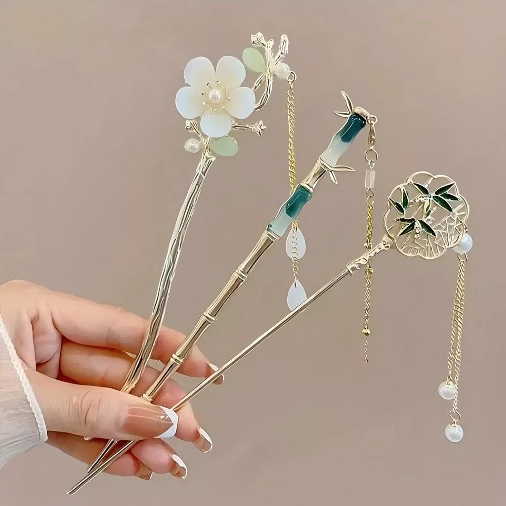 Épingle Cheveux Chinoise Élégante - Bâton Floral Pompon Bijou Traditionnel