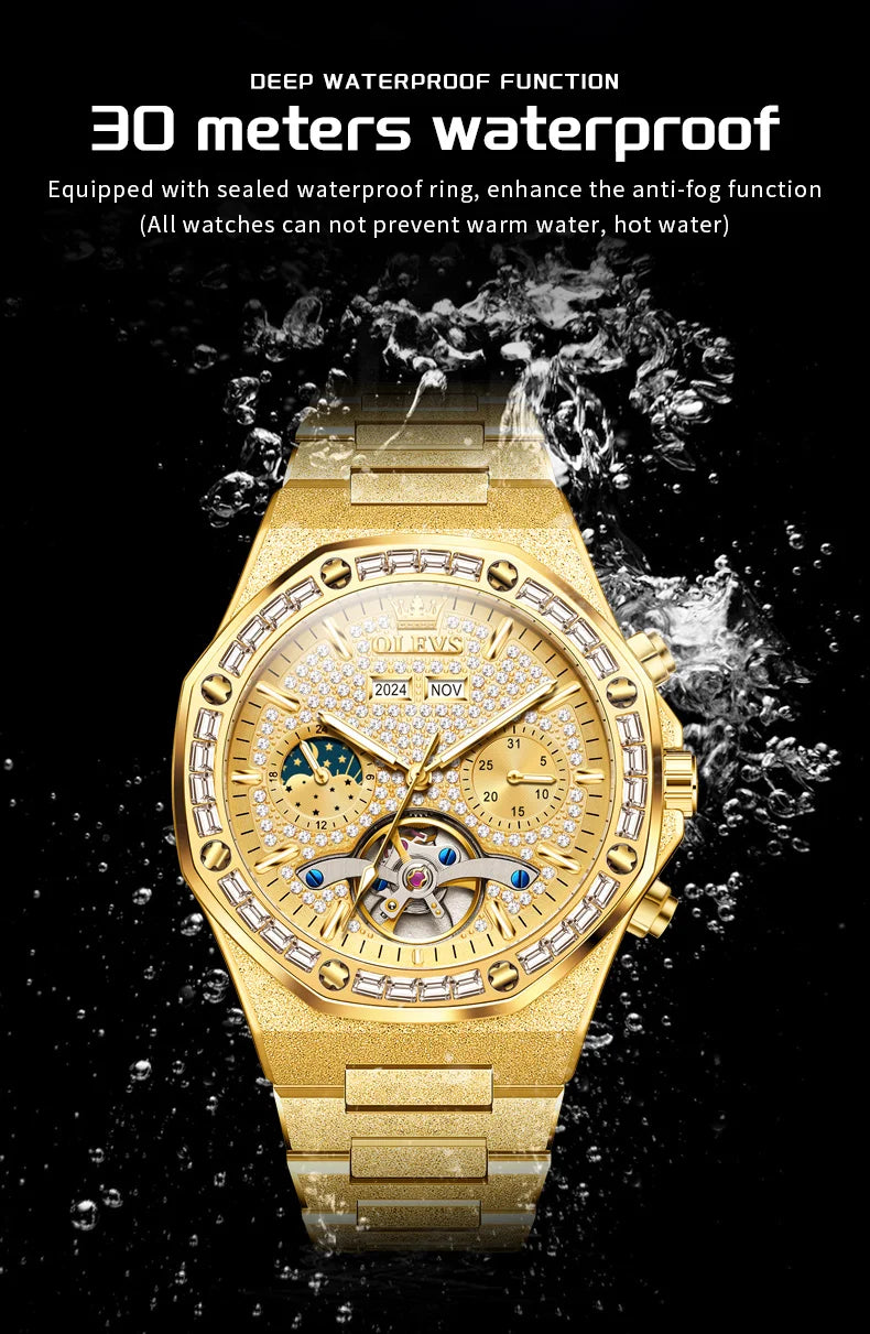 Montre Mécanique Homme OLEVS 9805 - Phase de Lune Diamant Squelette Étanche Luxe