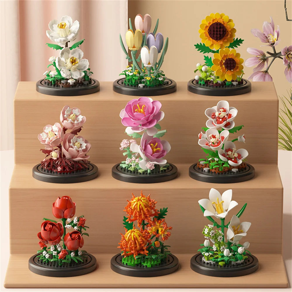 Bouquet Fleurs Éternelles Briques Construction - Bonsaï Déco Maison Micro Blocs Cadeau Anniversaire Enfant