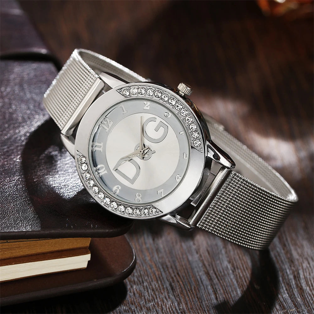 Montre Femme Ciel Étoilé Diamants - Quartz Acier Inoxydable Bracelet Maille Or