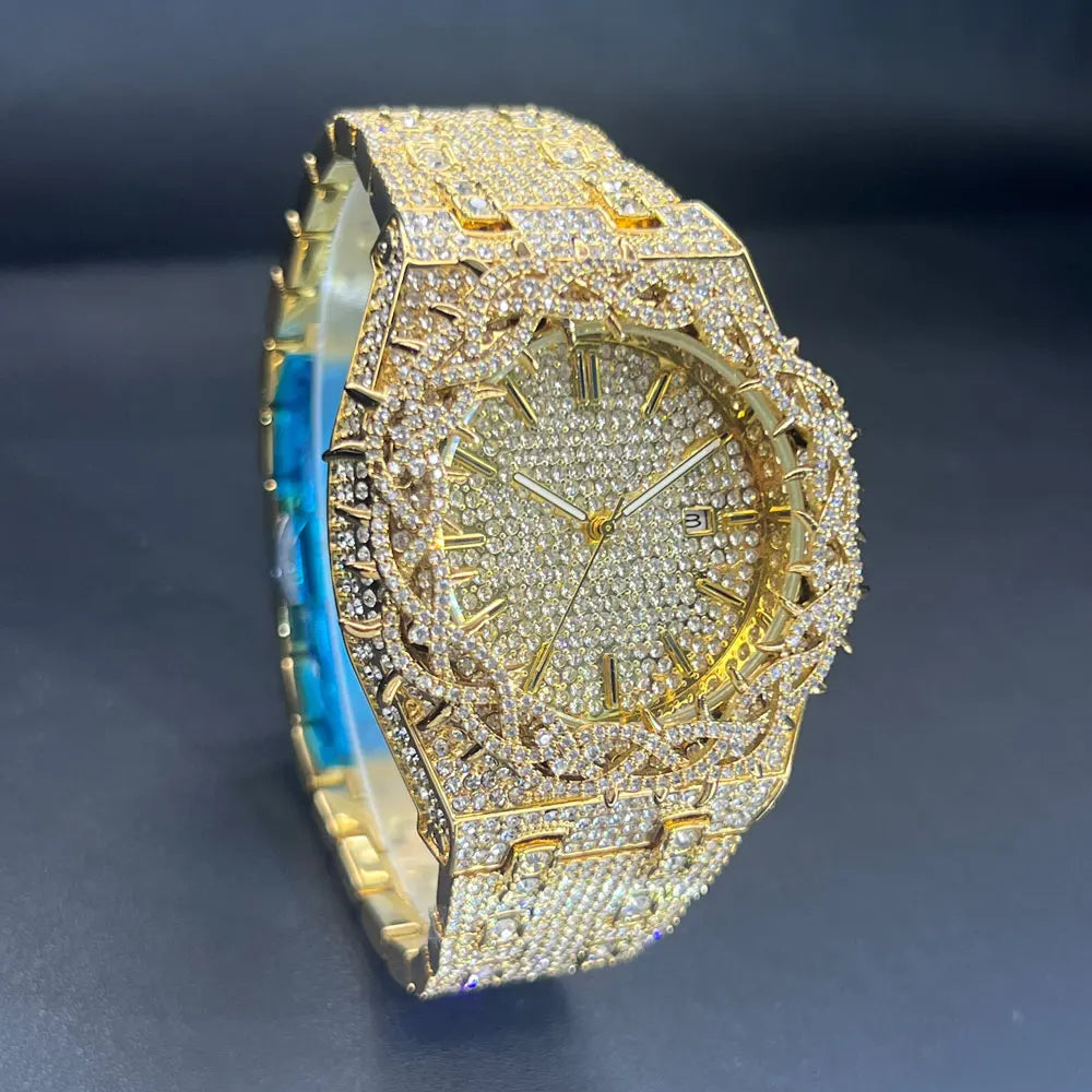 Montre Homme Luxe MISSFOX Diamants - Hip Hop Quartz Creuse Or Argent