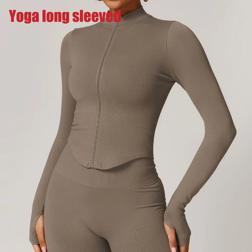 Veste Sport Femme Zippée Crop Top Manches Longues - T-shirt Yoga Running Fitness Séchage Rapide