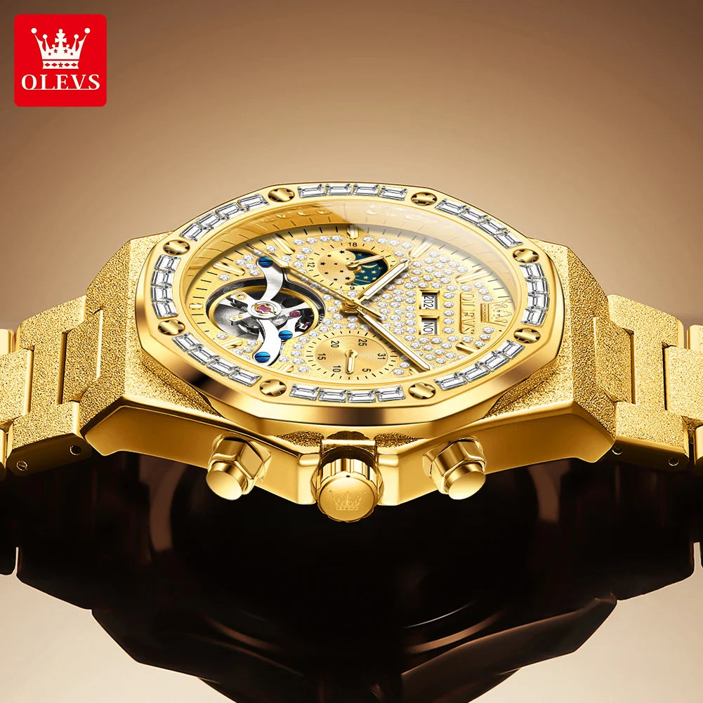 Montre Mécanique Homme OLEVS 9805 - Phase de Lune Diamant Squelette Étanche Luxe
