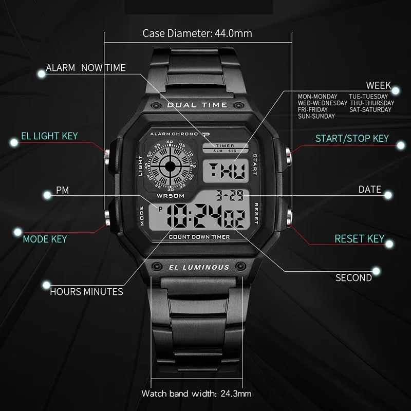 Montre Homme Digitale Militaire Luxe - Acier Inoxydable LED Sport Classique