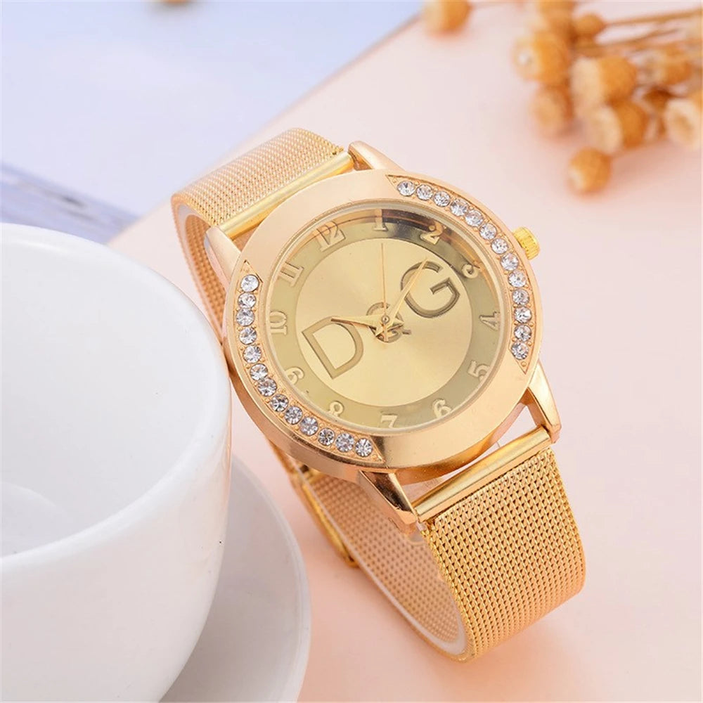 Montre Femme Ciel Étoilé Diamants - Quartz Acier Inoxydable Bracelet Maille Or
