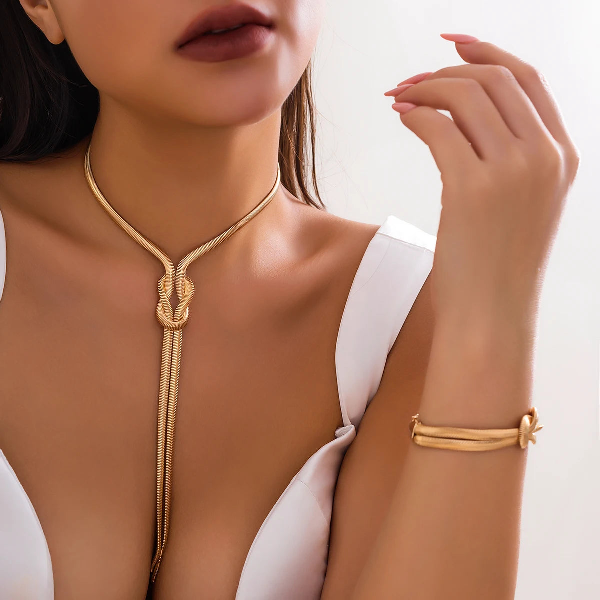 Set Bijoux Serpent 2pcs - Collier Bracelet Chaîne Torsadée Y2K Goth Femme