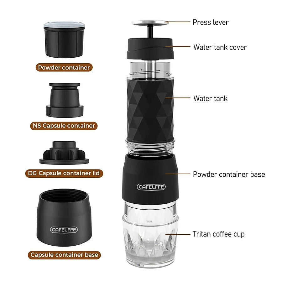 Machine à Café Portable Cafelffe 3-en-1 - Cafetière Manuelle Espresso Capsule & Moulu Voyage Camping