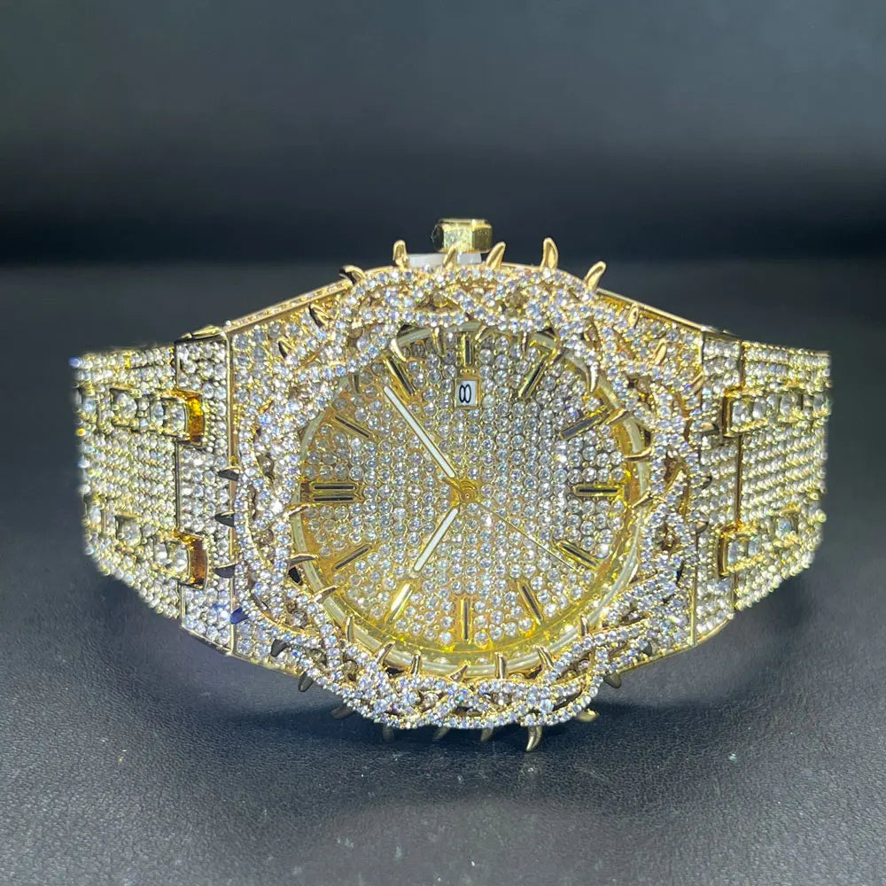 Montre Homme Luxe MISSFOX Diamants - Hip Hop Quartz Creuse Or Argent