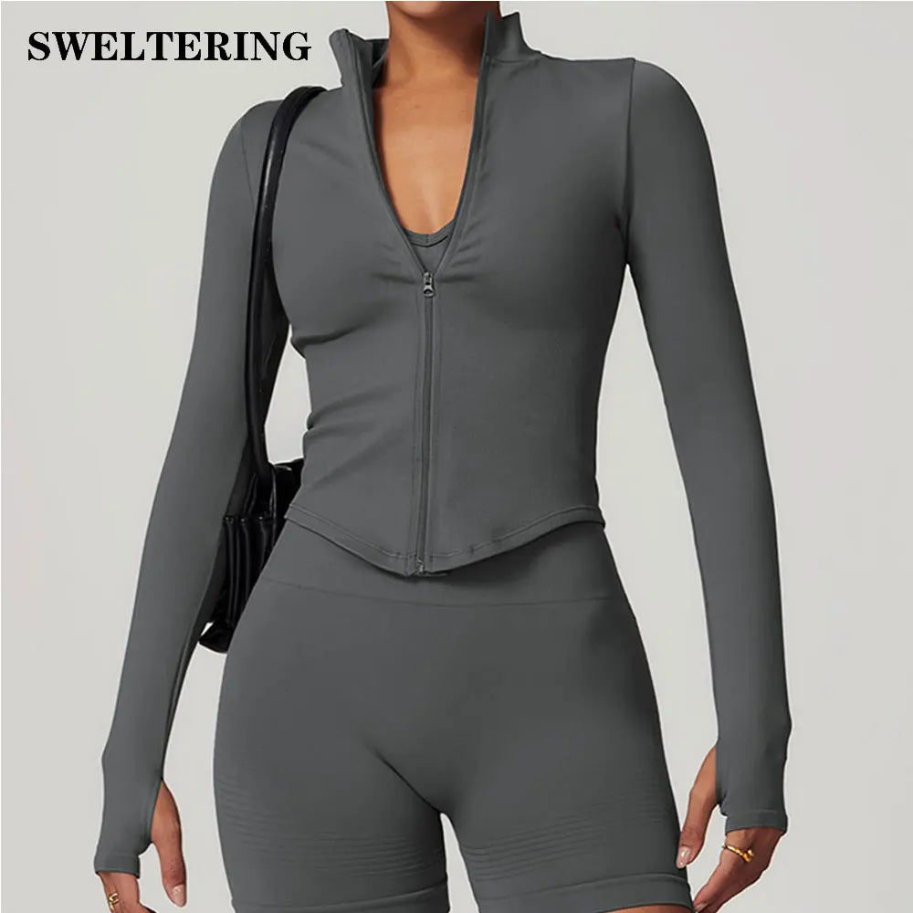 Veste Sport Femme Zippée Crop Top Manches Longues - T-shirt Yoga Running Fitness Séchage Rapide