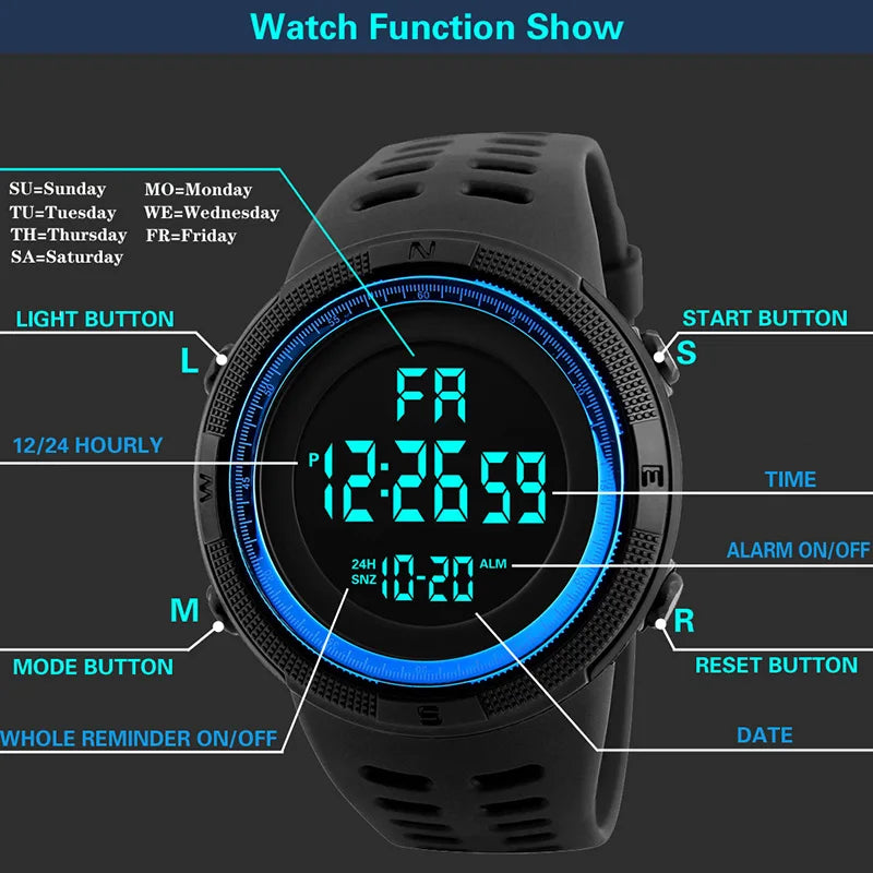 Montre Militaire Sport LED Homme - Digitale Multifonction Lumineuse Étanche