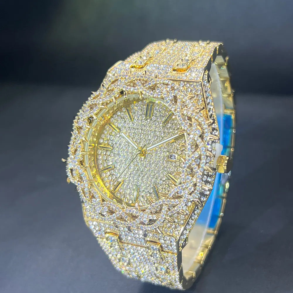 Montre Homme Luxe MISSFOX Diamants - Hip Hop Quartz Creuse Or Argent
