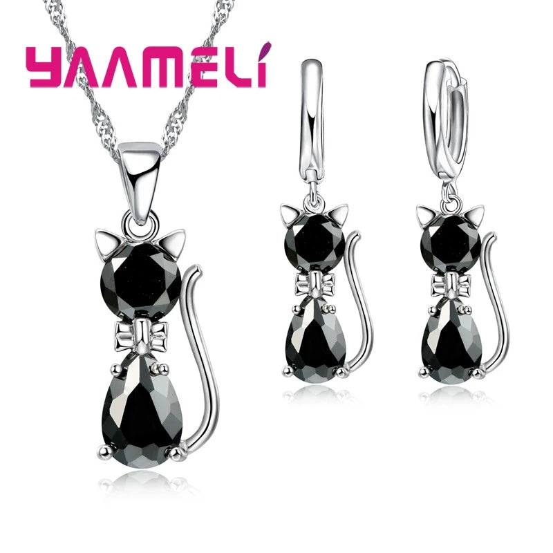 Set Bijoux Argent 925 Chat - Collier Boucles Cristaux Autrichiens Femme