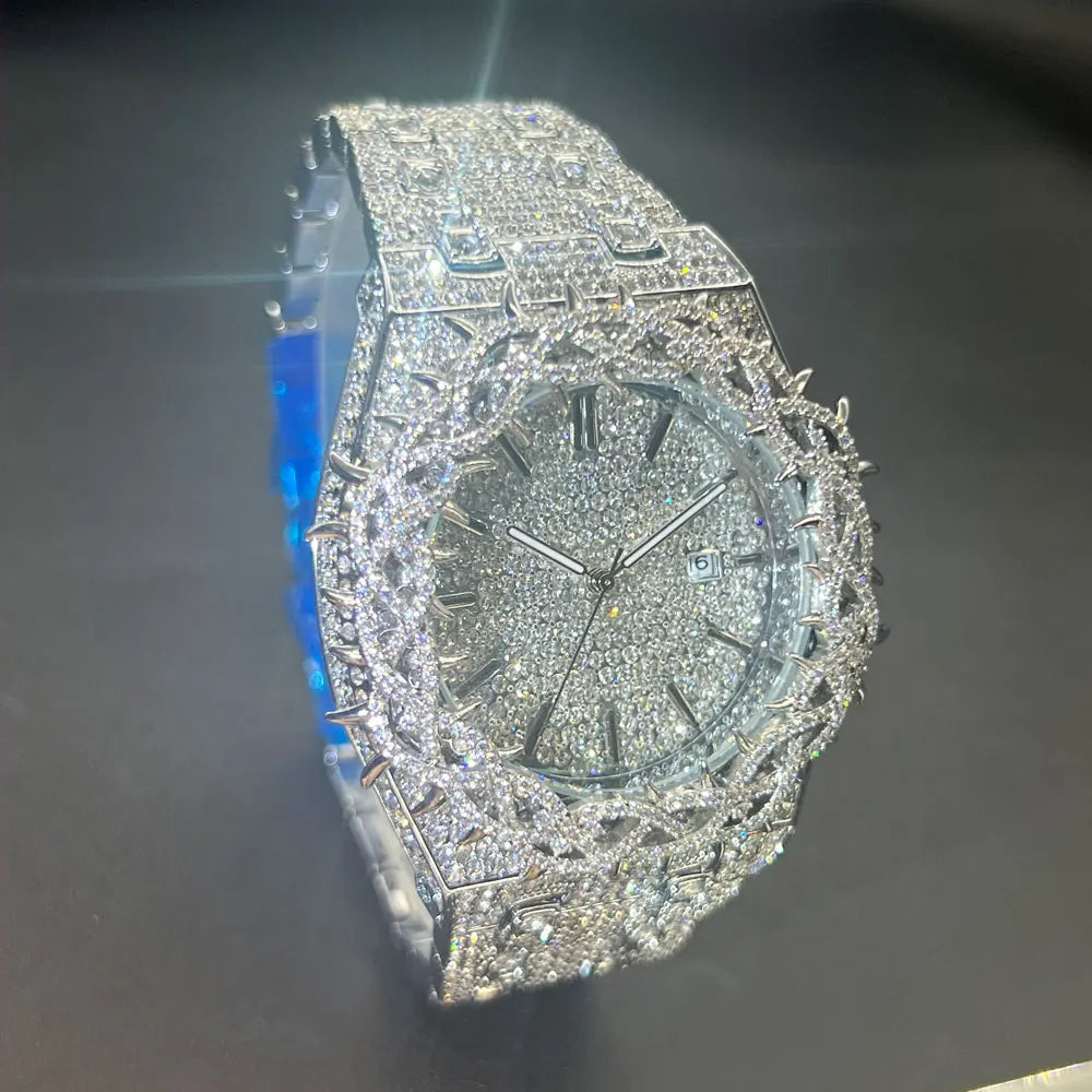 Montre Homme Luxe MISSFOX Diamants - Hip Hop Quartz Creuse Or Argent