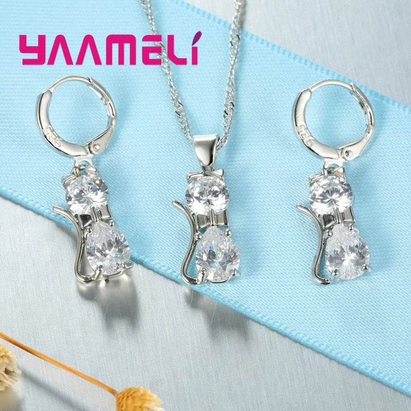 Set Bijoux Argent 925 Chat - Collier Boucles Cristaux Autrichiens Femme