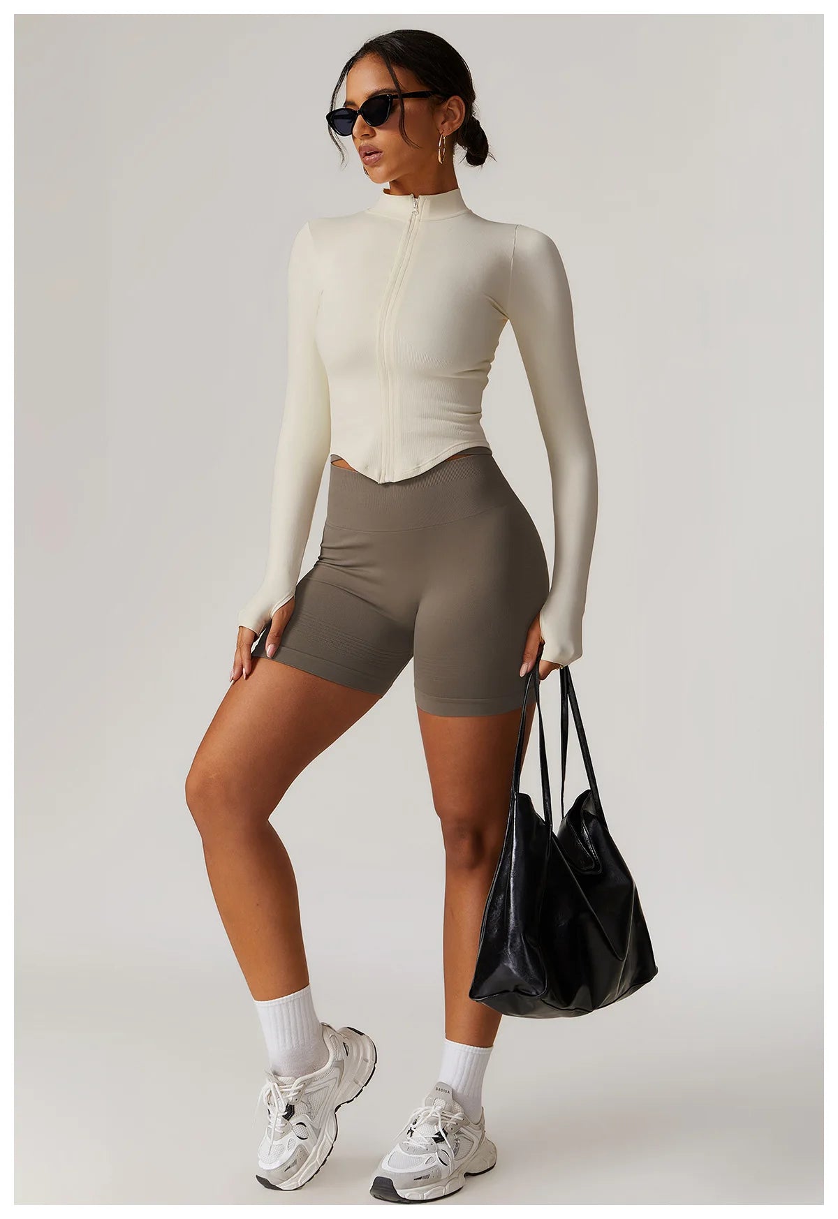 Veste Sport Femme Zippée Crop Top Manches Longues - T-shirt Yoga Running Fitness Séchage Rapide