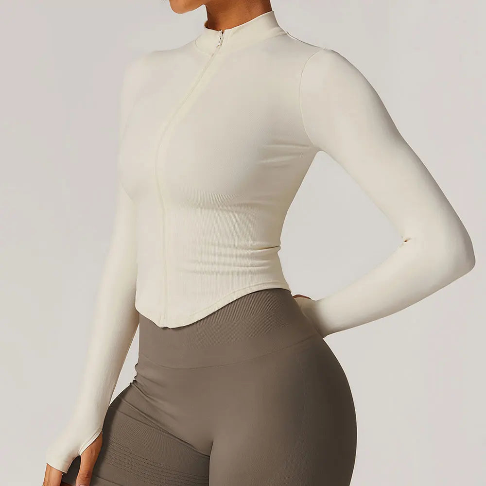 Veste Sport Femme Zippée Crop Top Manches Longues - T-shirt Yoga Running Fitness Séchage Rapide