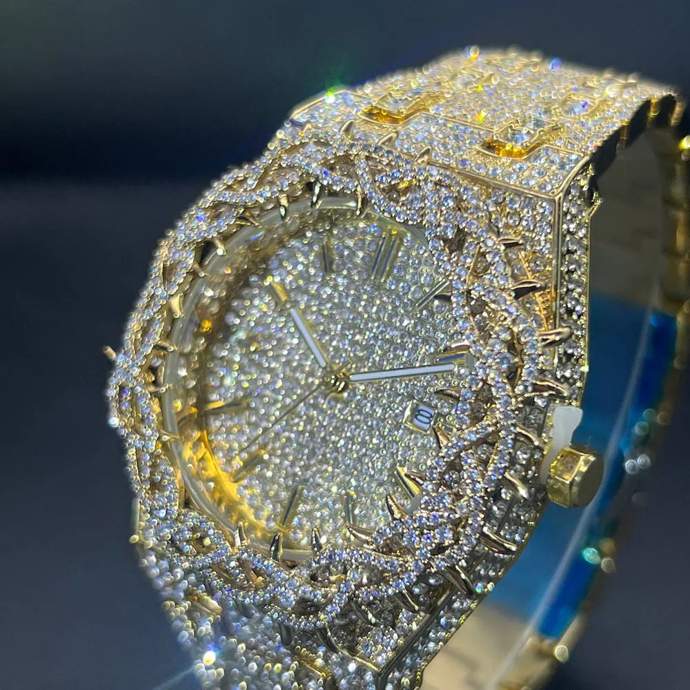 Montre Homme Luxe MISSFOX Diamants - Hip Hop Quartz Creuse Or Argent