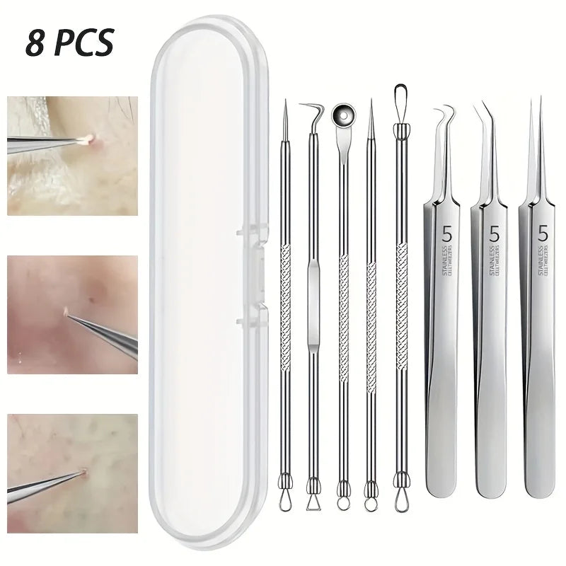Kit 8 Pièces Anti-Points Noirs Acier Inoxydable - Extracteur Comédons Acné Pro
