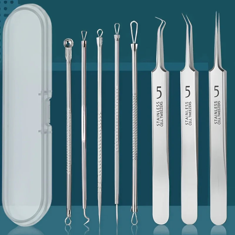 Kit 8 Pièces Anti-Points Noirs Acier Inoxydable - Extracteur Comédons Acné Pro