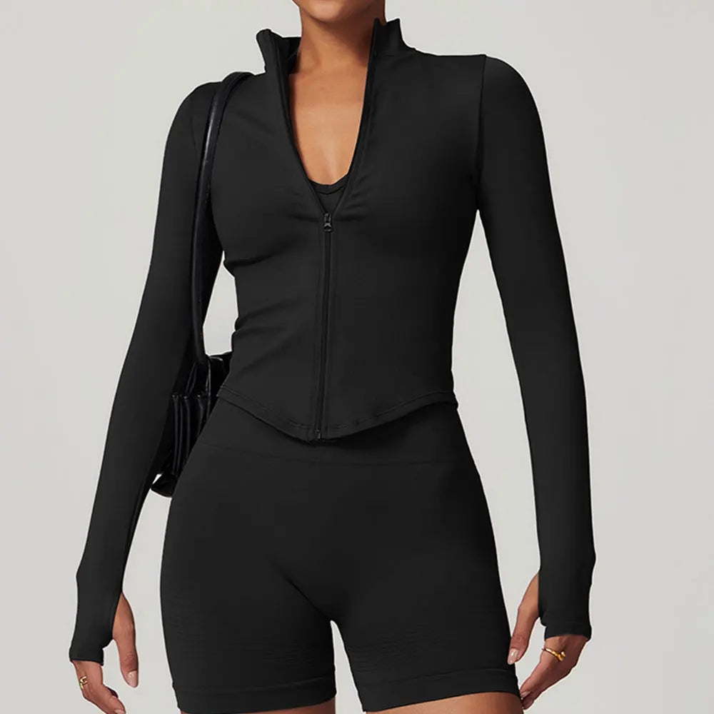 Veste Sport Femme Zippée Crop Top Manches Longues - T-shirt Yoga Running Fitness Séchage Rapide