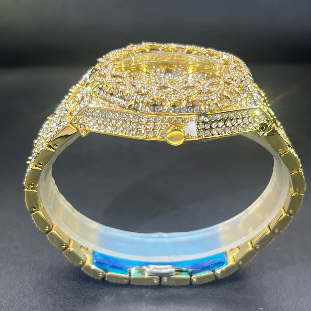 Montre Homme Luxe MISSFOX Diamants - Hip Hop Quartz Creuse Or Argent