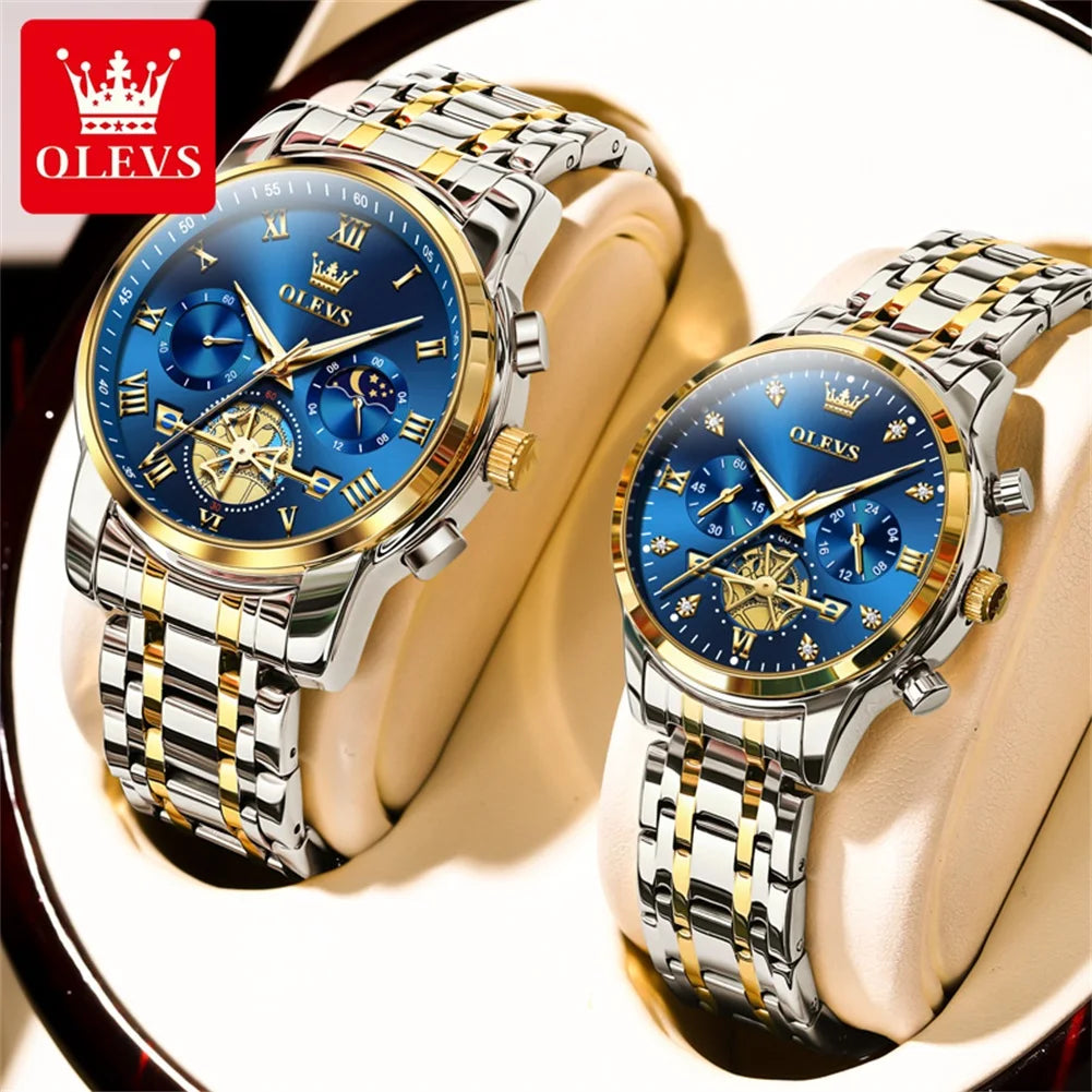 Coffret Montres Couple OLEVS Phase de Lune - Set Duo Luxe Étanche Lumineux Acier Inoxydable