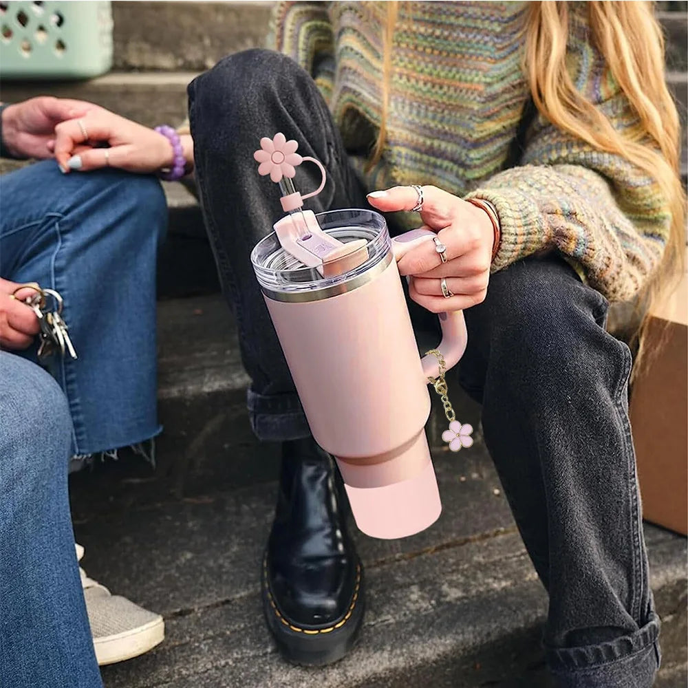 Set 9 Accessoires Gourde Stanley - Bouchons Pailles Fleurs Décoratifs Anti-Fuite