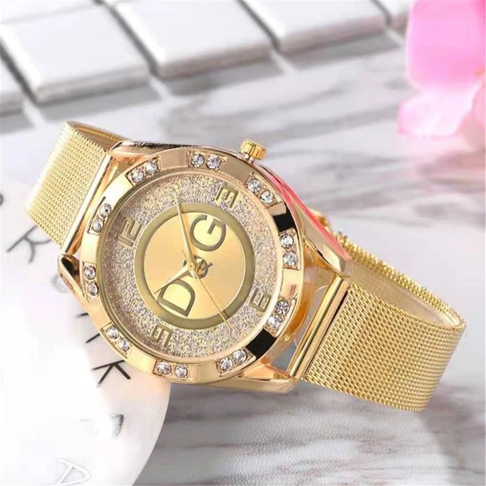 Montre Femme Ciel Étoilé Diamants - Quartz Acier Inoxydable Bracelet Maille Or