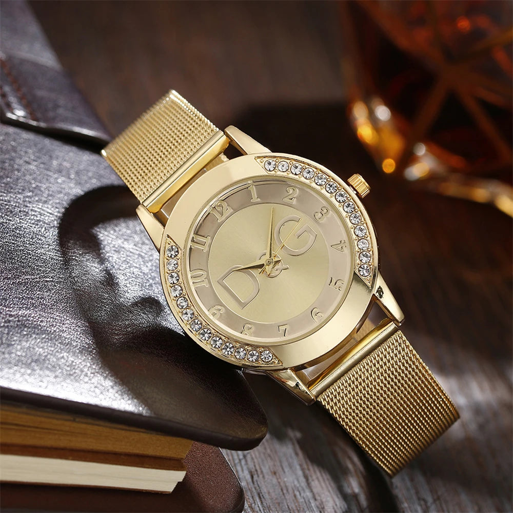 Montre Femme Ciel Étoilé Diamants - Quartz Acier Inoxydable Bracelet Maille Or