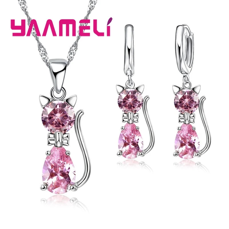 Set Bijoux Argent 925 Chat - Collier Boucles Cristaux Autrichiens Femme