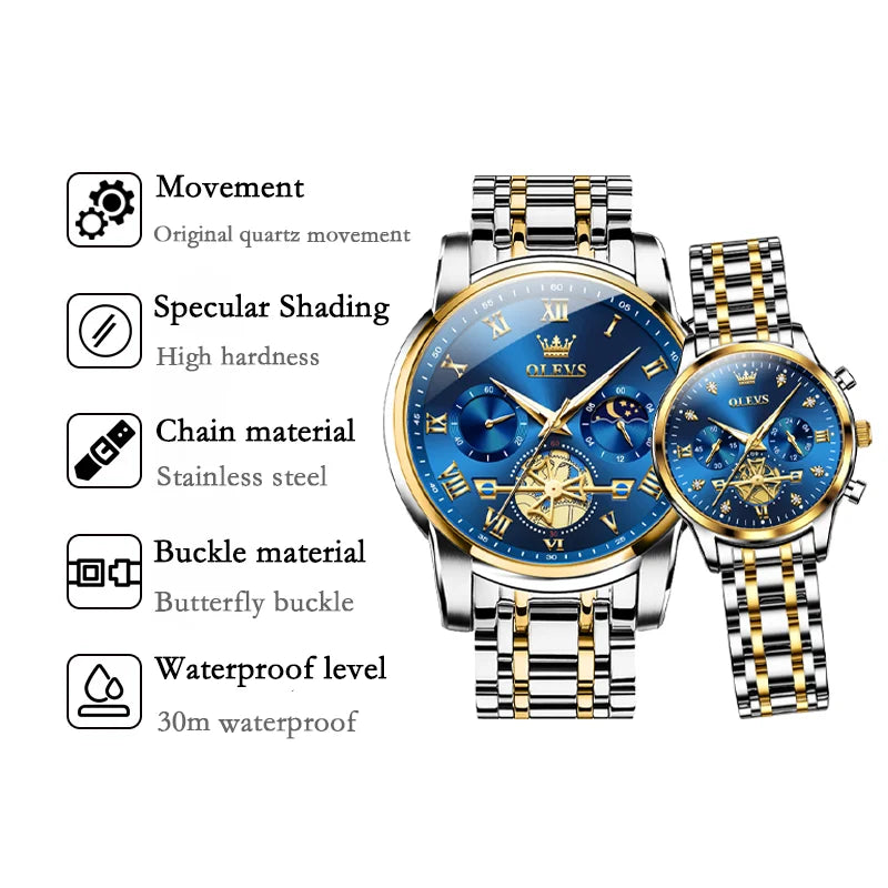 Coffret Montres Couple OLEVS Phase de Lune - Set Duo Luxe Étanche Lumineux Acier Inoxydable