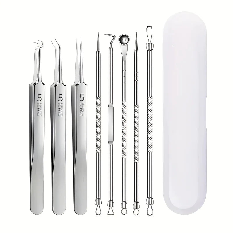 Kit 8 Pièces Anti-Points Noirs Acier Inoxydable - Extracteur Comédons Acné Pro