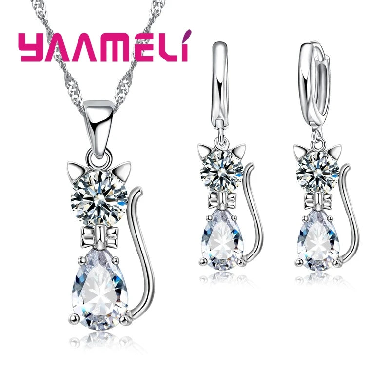 Set Bijoux Argent 925 Chat - Collier Boucles Cristaux Autrichiens Femme